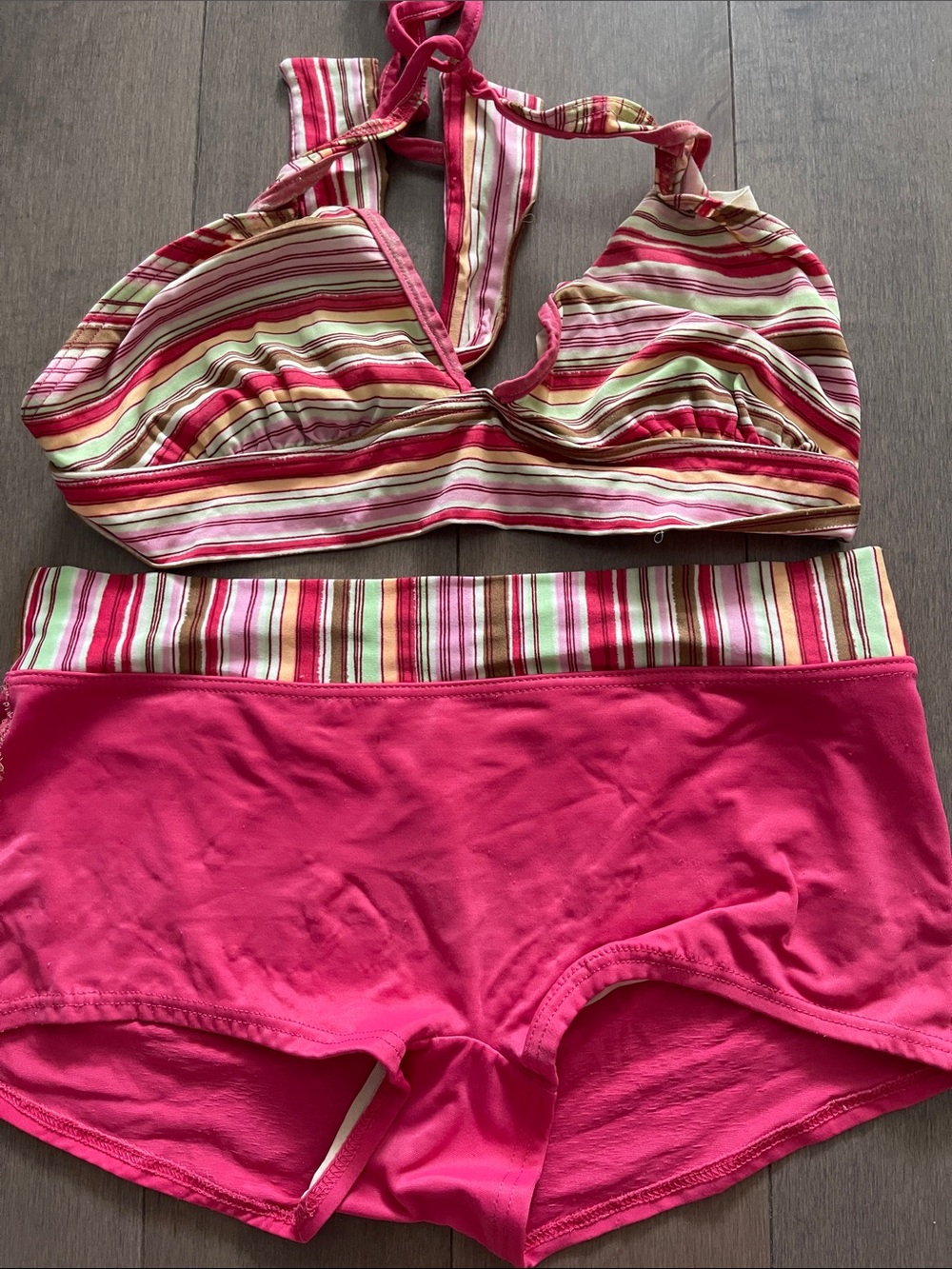 Striped Halter Bikini Top with Hot Pink Swim Shorts